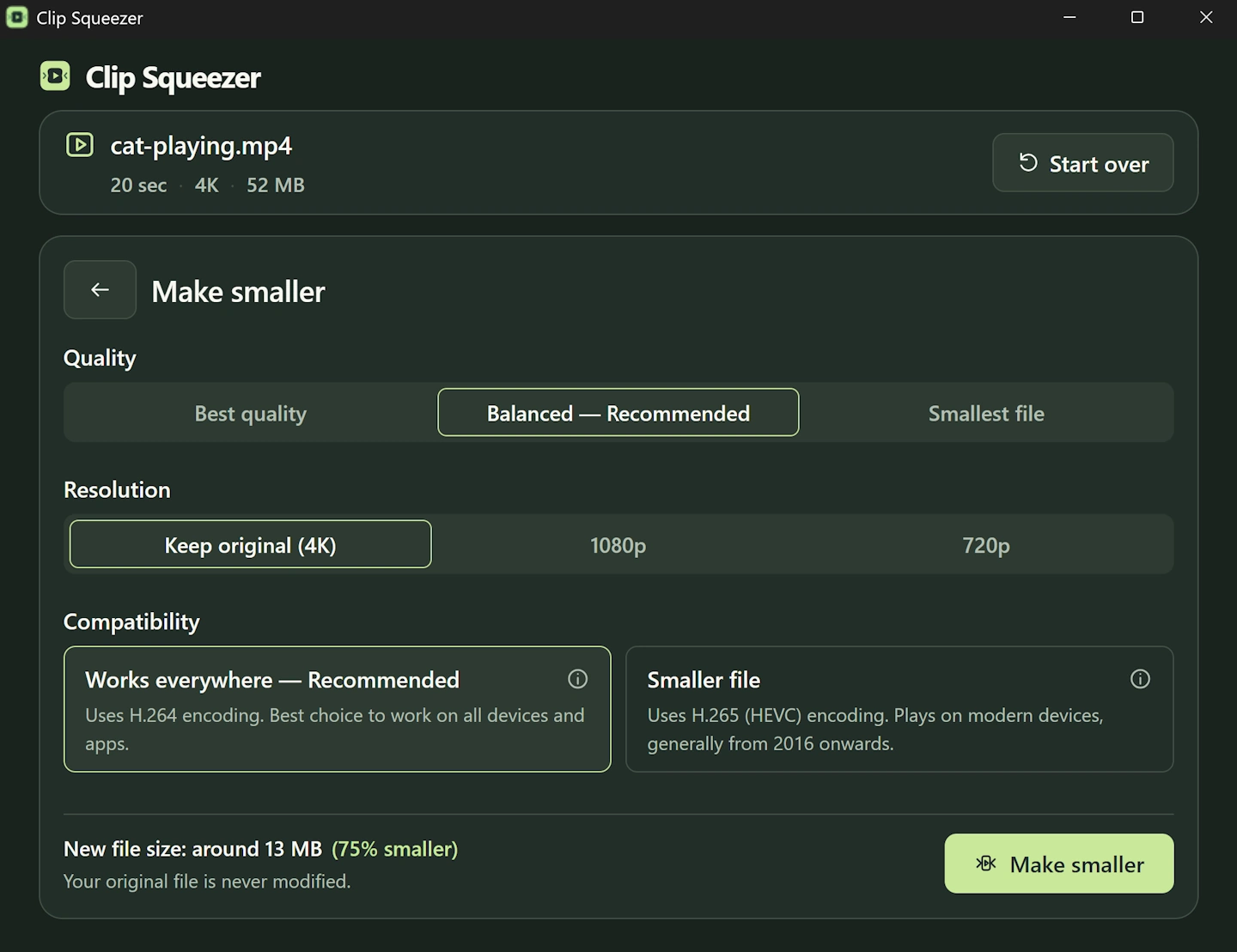 Clip Squeezer Make smaller screen with quality, resolution, compatibility, and estimated file size choices.