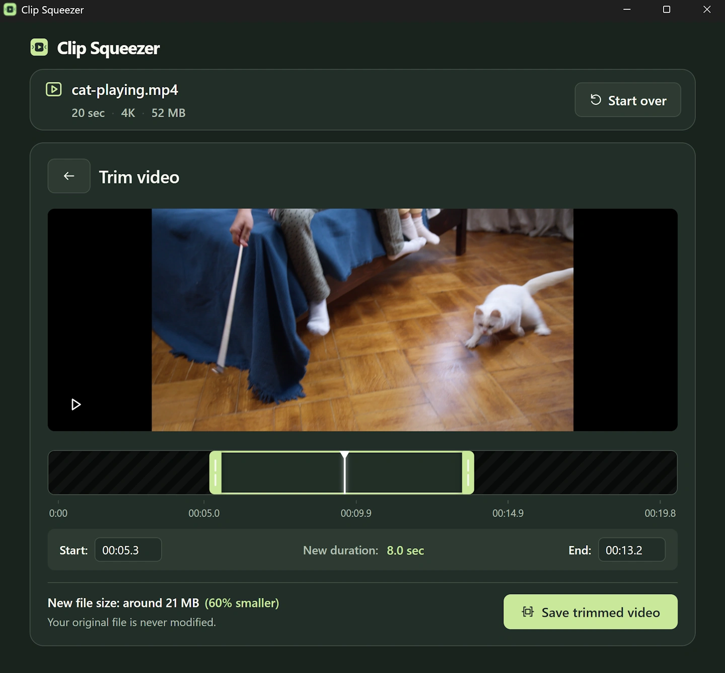 Clip Squeezer Trim video screen with a preview, start and end handles, timestamps, and estimated file size.